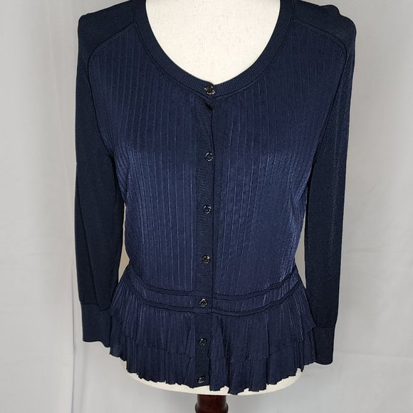 Oscar de la Renta Navy Button Front Ruffle Hem Cardigan Size: L - Picture 2 of 16
